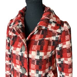 SAKURA Plaid Knit Jacket Red Cream Black Puff Shoulders Pleated Collar Sz Small